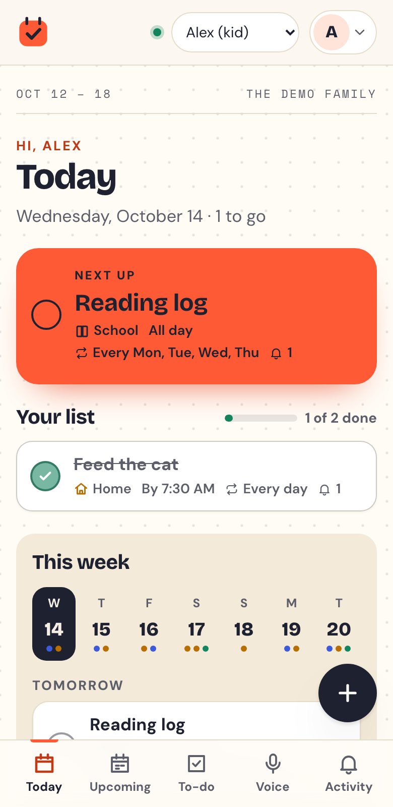 Agenda Crew's Today view with a child's tasks and schedule